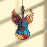 Winged Guitar Acrylic Suncatcher, Angel Music Window Decor, Stained Glass Style Guitar Art Gift for Musician Studio or Home Decoration